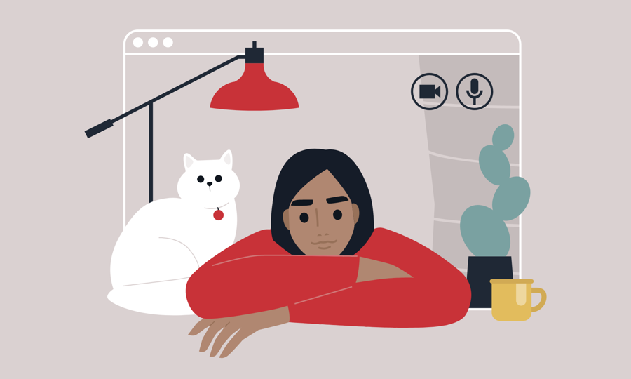 Female bookkeeper watching a webinar with her cat and a cup of tea